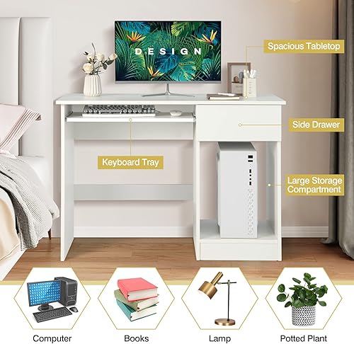 Miniatura 4 de GOFLAME Escritorio de oficina en casa con cajón, escritorio de computadora de almacenamiento de madera con bandeja para teclado y estantes