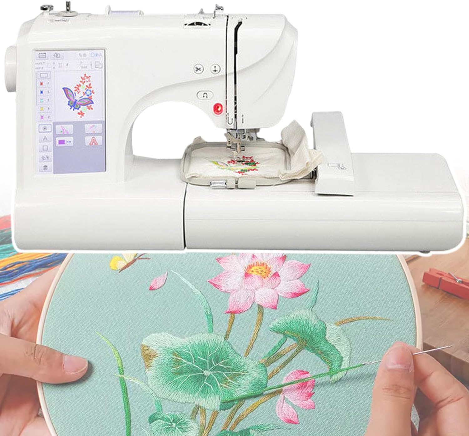 650 Stitches/min Electric Embroidery Machine,7" LCD Touch Screen Clothes Sewing Device Household‌,Embroidery Scope:10 x 23.5 cm and 10 x 10 cm