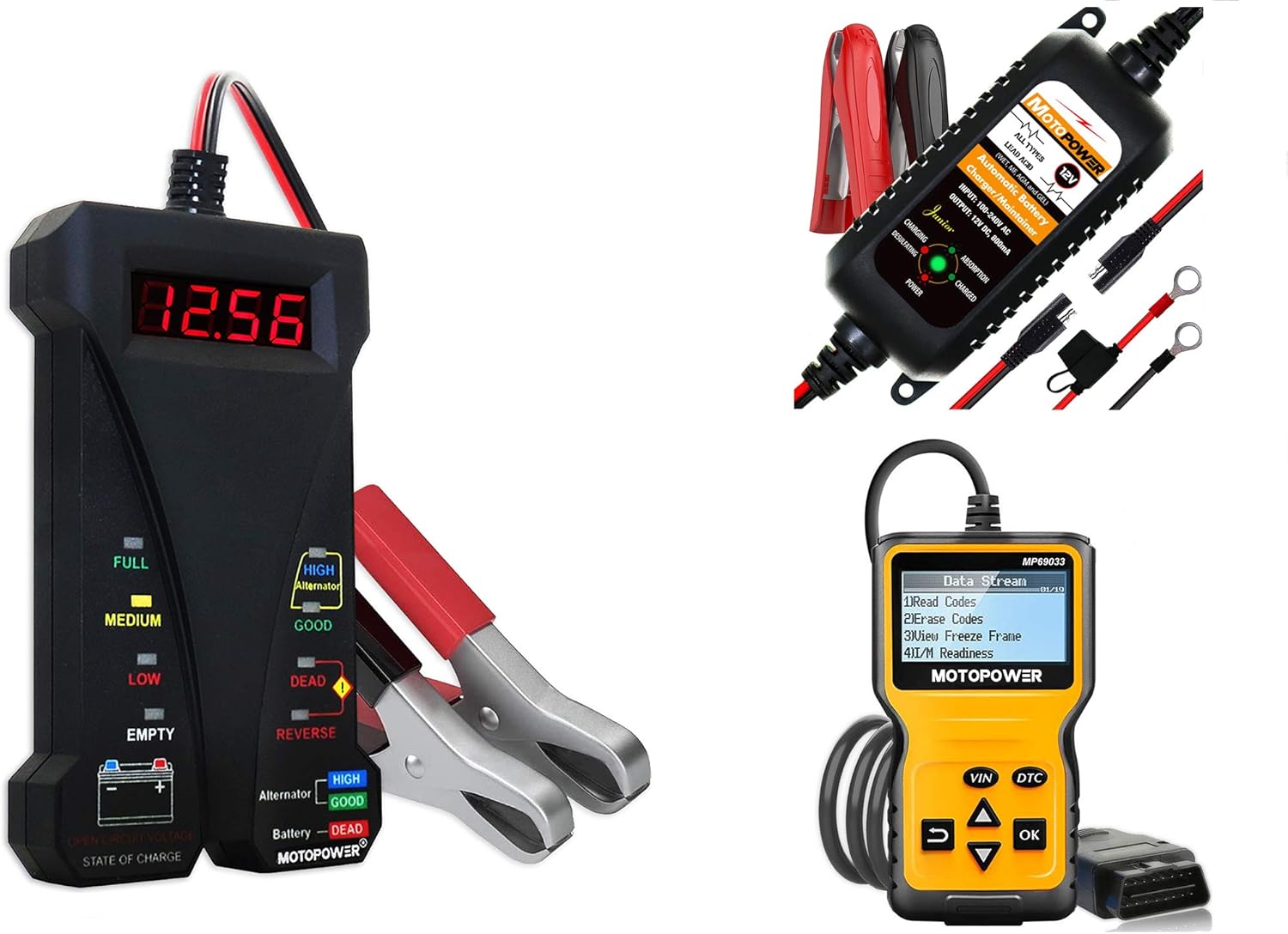 MOTOPOWER MP0514A Battery Tester, MP00205A Battery Charger, and MP69033 OBD2 Code Reader