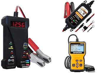 MOTOPOWER MP0514A 12V Battery Tester with MP00205A 12V 800mA Battery Charger and MP69033 OBD2 Code Reader