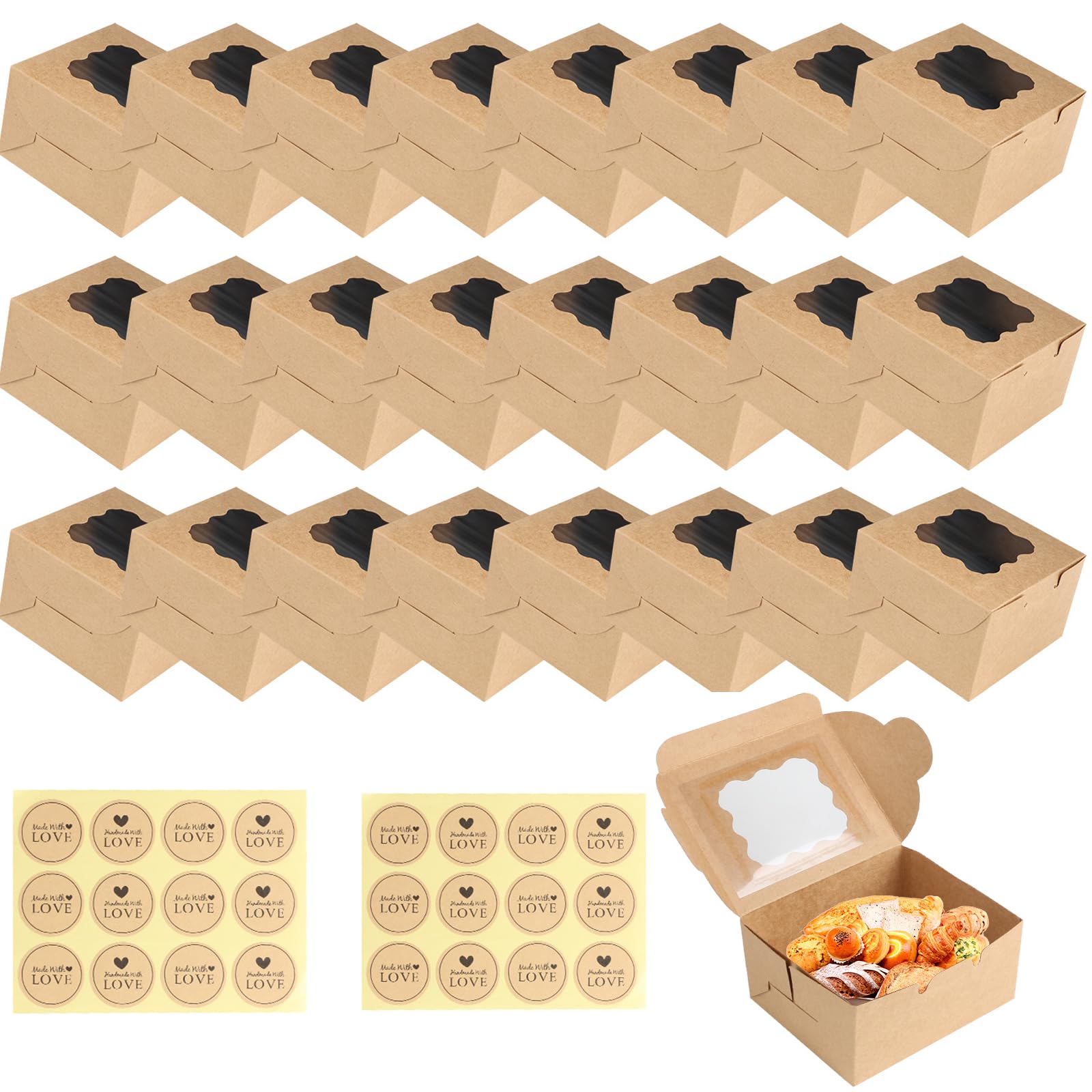 ZUYIST 24 stuks cakedozen, 10,2 cm geschenkdoos met kijkvenster en 24 stickers Kleine cakebox papier voor macarons Muffin pralinescoopje Kleine geschenk