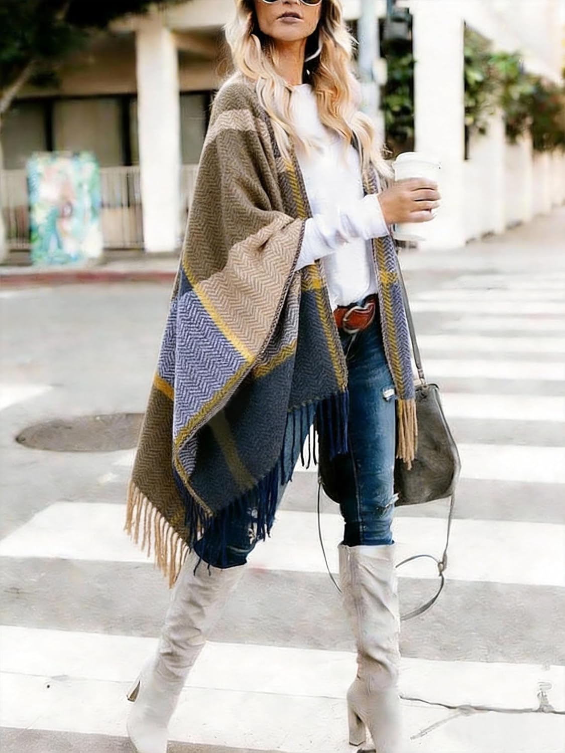 Moss Rose Women's Travel Plaid Shawl Wrap Open Front Poncho Cape for Fall Winter - Image 3