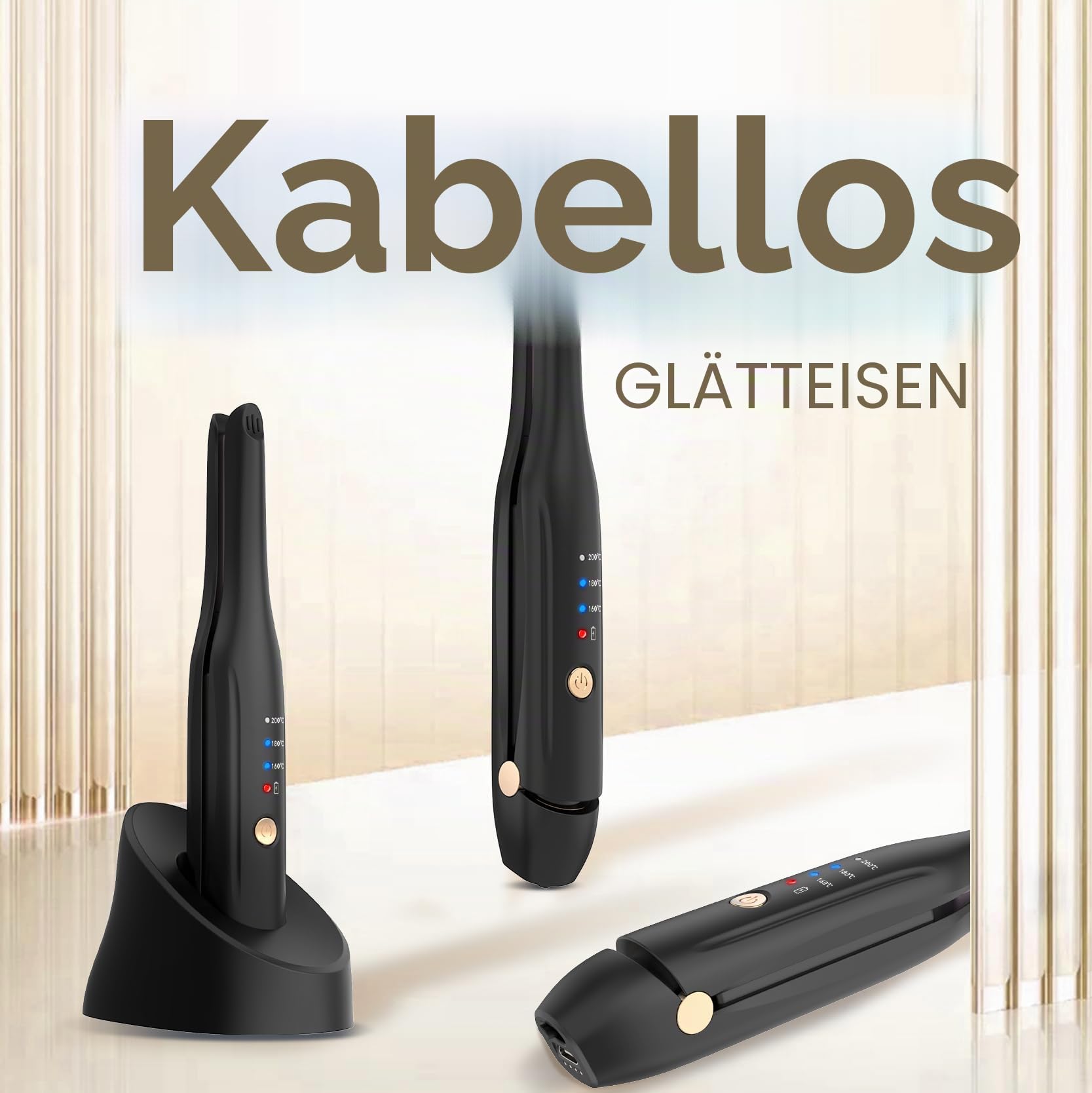 Schnurloser Haarglätter, Keramik Glätteisen Styling Clip, tragbarer Haarglätter und Lockenstab 2-in-1 mit Typ-C-Ladegerät und Ladestation für Friseursalon, Zuhause, Reisen, Friseurladen (Schwarz)