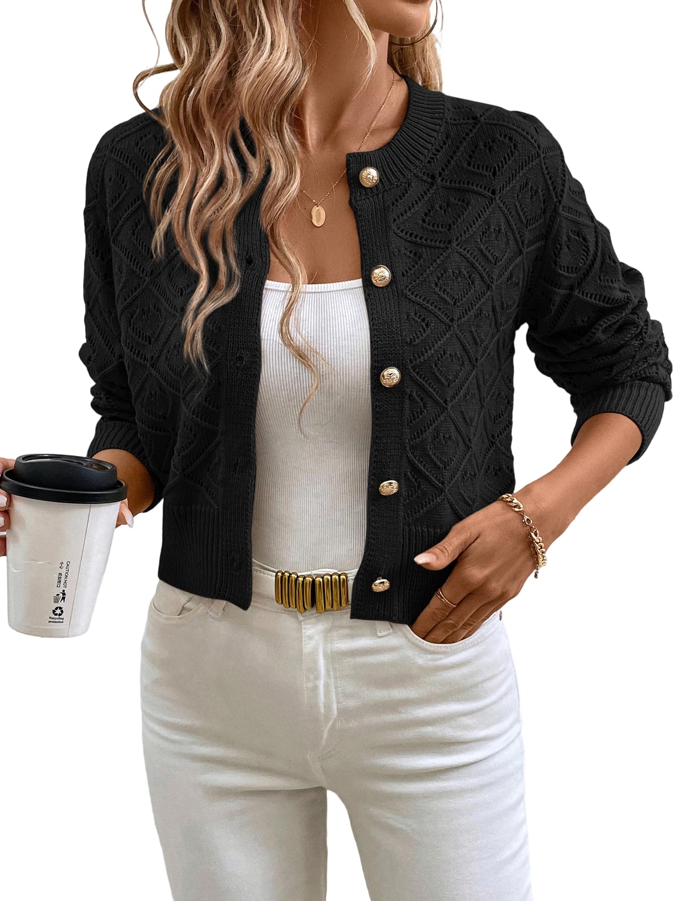 SHENHE Womens Cropped Cardigan Sweaters Mock Neck Button Down Shrugs Open Front Long Sleeve Dressy Crop Sweaters