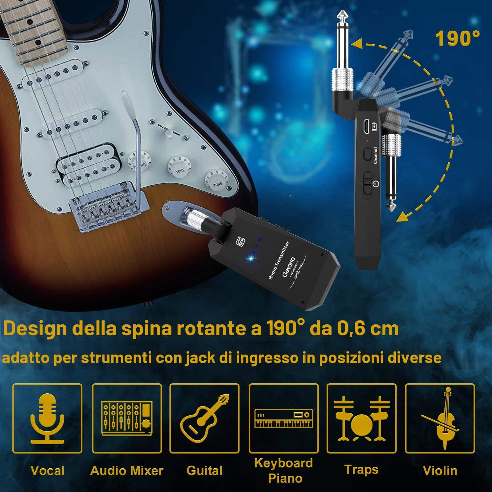 Sistema Wireless Chitarra 5.8 GHz – Trasmettitore e Ricevitore Anti-Interferenza, 4 Canali Indipendenti, wireless Acustico, Basso, Violino, Tastiera Strumenti Elettrici