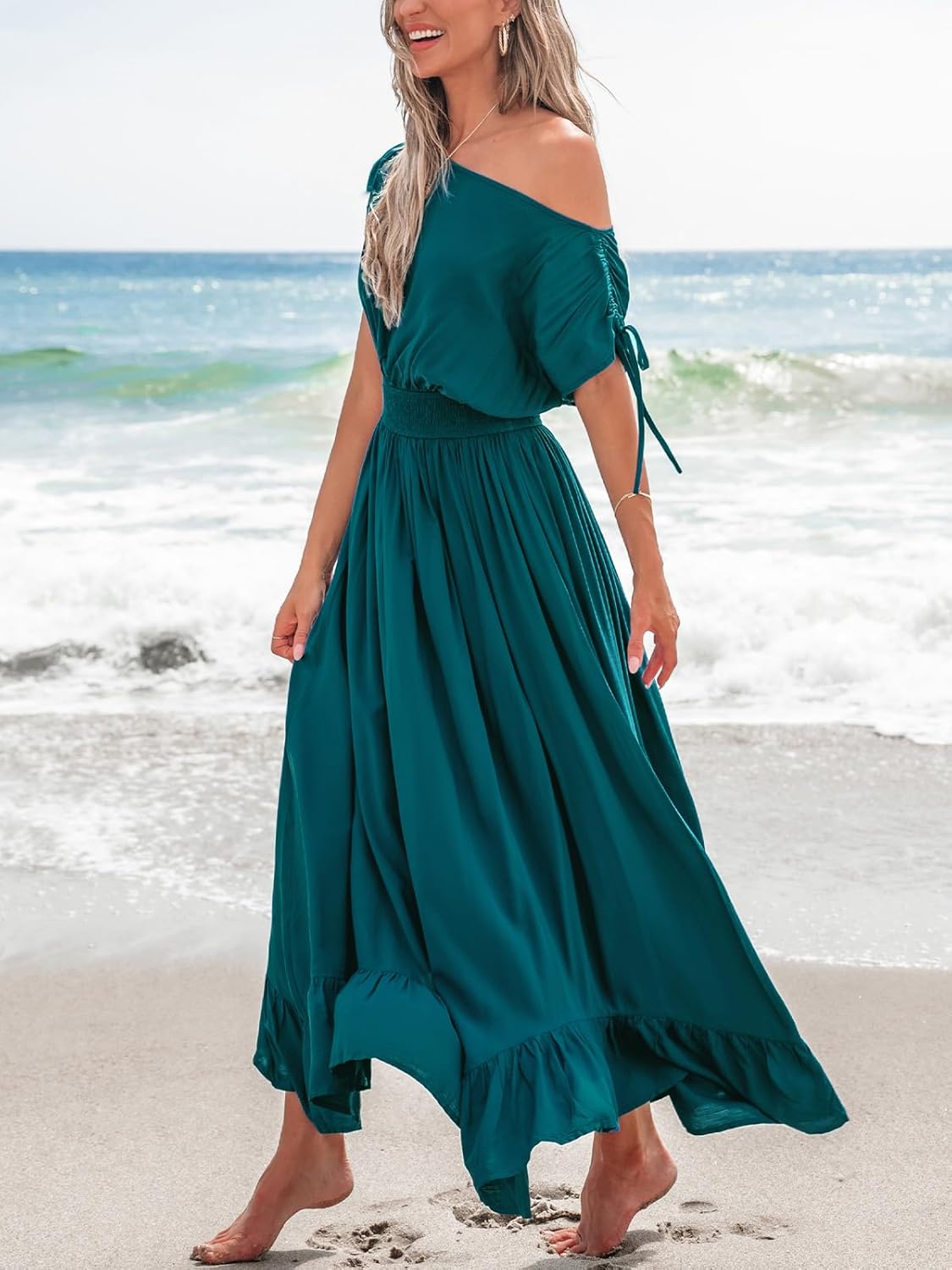 CUPSHE Women's Maxi Dresses Casual Summer Sundress Sleeveless Smocked One Shoulder Ruffled Long Beach Formal Dress - Image 2