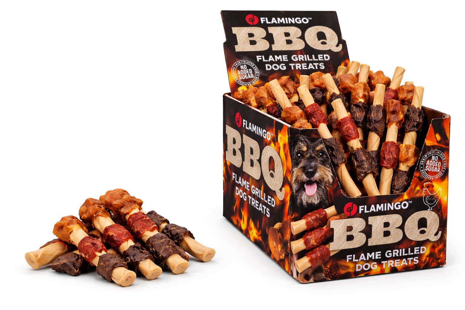 Snack per cani - Bastoncini per cani - Flamingo BBQ Spiedino con pollo e anatra - 12 x 2 x 2 cm - 2 kg display - ricco di proteine - senza glutine - senza cereali - senza zuccheri aggiunti