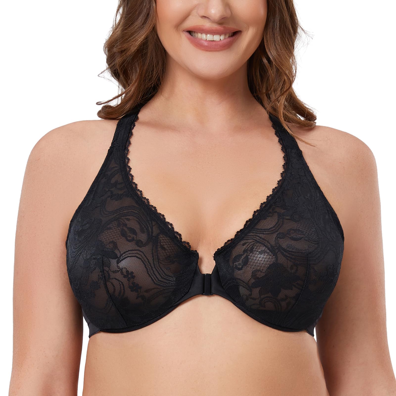 Meleneca Women's Black Plus Size Racerback Unlined Lace Underwire Front Closure Bra 46C