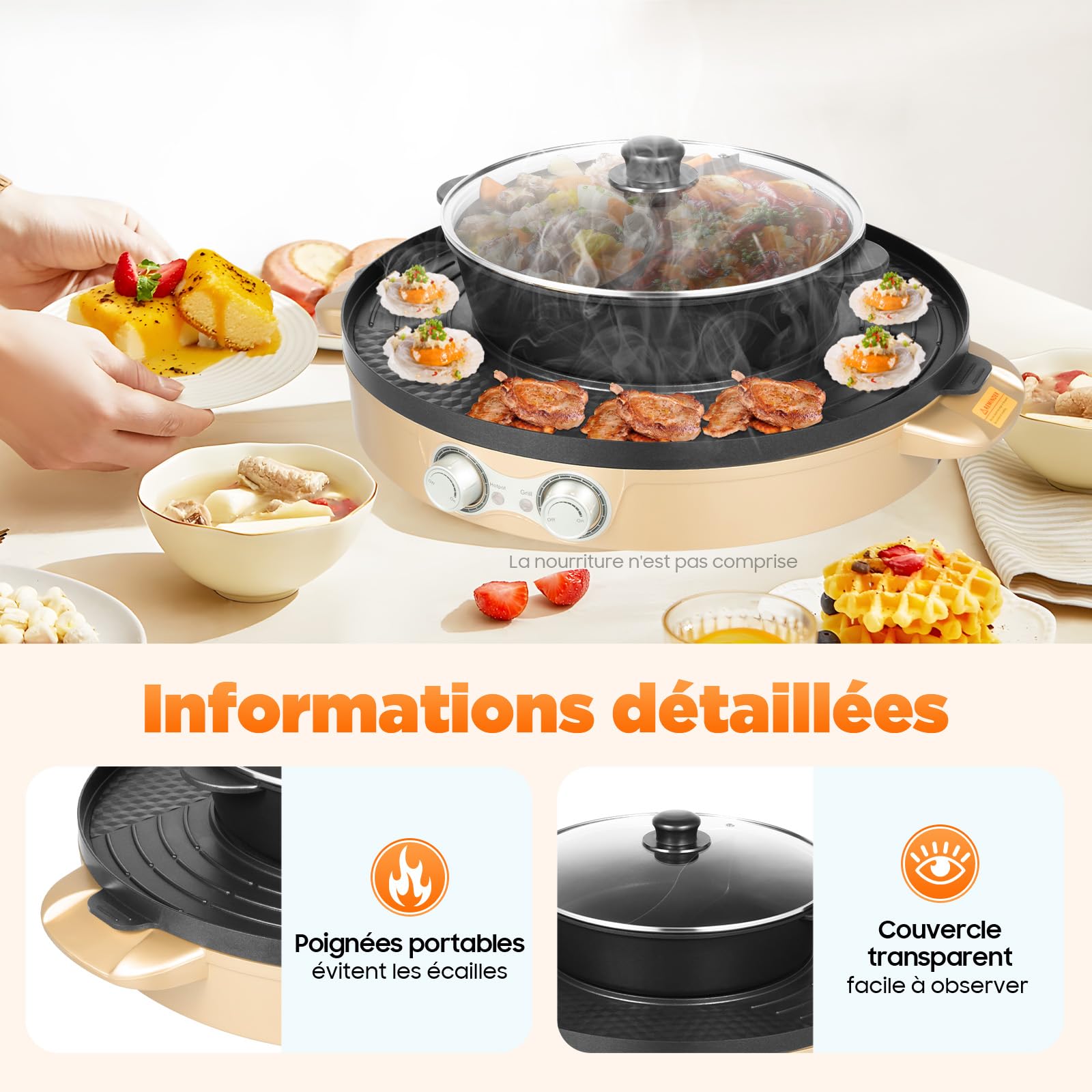 Appareil Fondue Chinoise Hot Pot 2 en 1, 2200 W Electrique Barbecue Coréen de Table avec Revêtement Antiadhésif, Portable Casserole Électrique Amovible pour Hot Pot BBQ Coréen, 52x18.5cm
