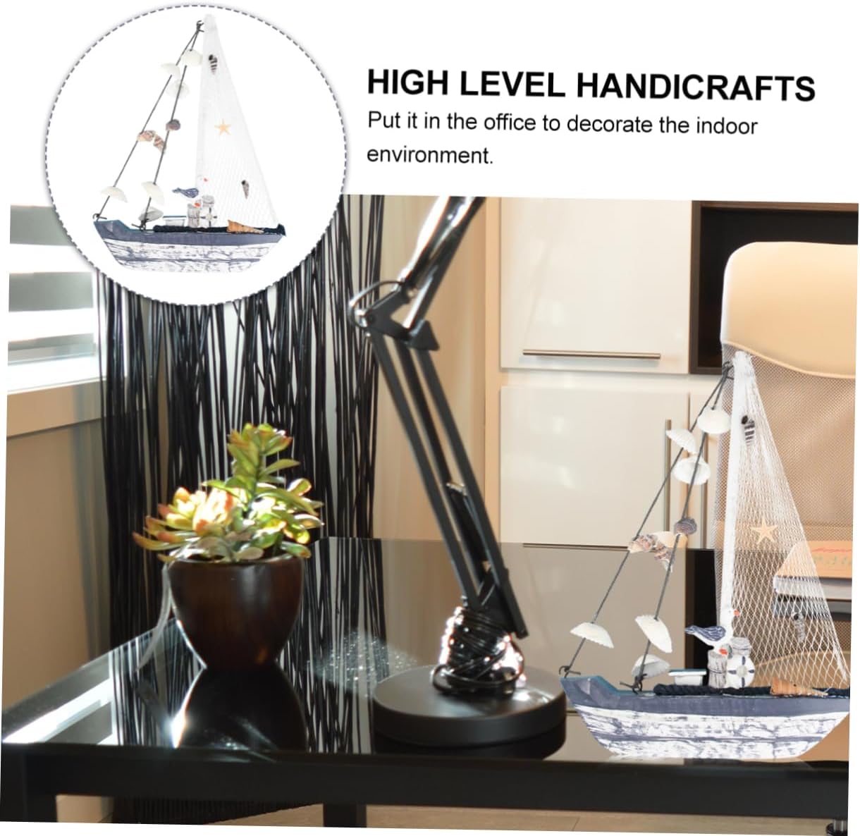 1pc Mediterranean Style Wooden Sailboat Craft Decor Shell Handicraft Ornament for Home Office Nautical Table Decoration Medium