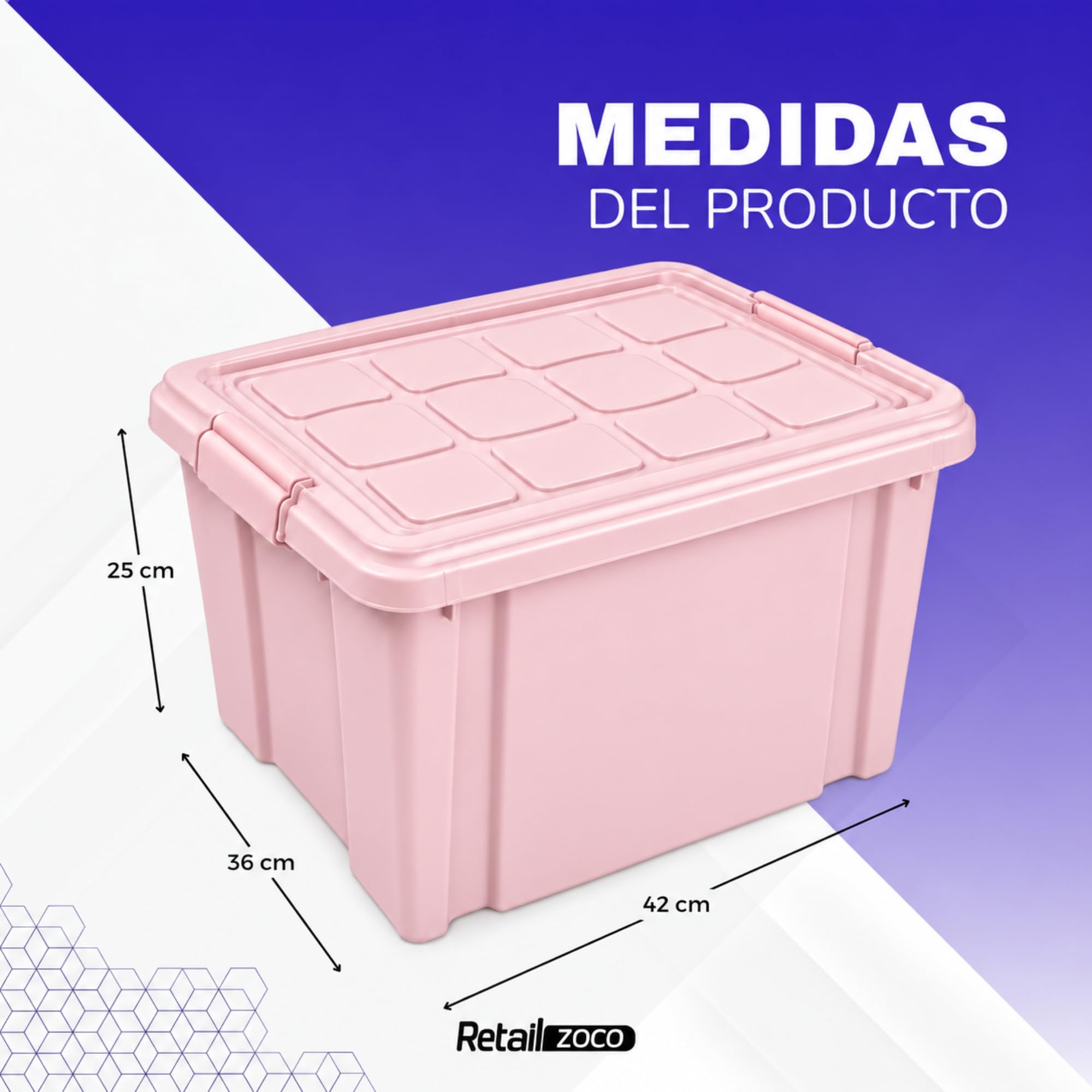 Cubo de almacenaje con tapa, Contenedor de plástico para almacenar libros, ropa, mantas, 42 x 36 x 25 cm, 25 litros de capacidad, Rosa - imagen 2