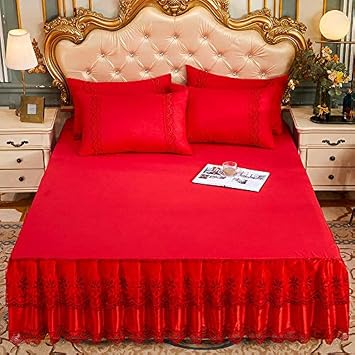 2 Layers Lace Ruffled Bed Sheet Set Red Microfiber Bedspread Sheet and Pillow Shams Set, Queen Size