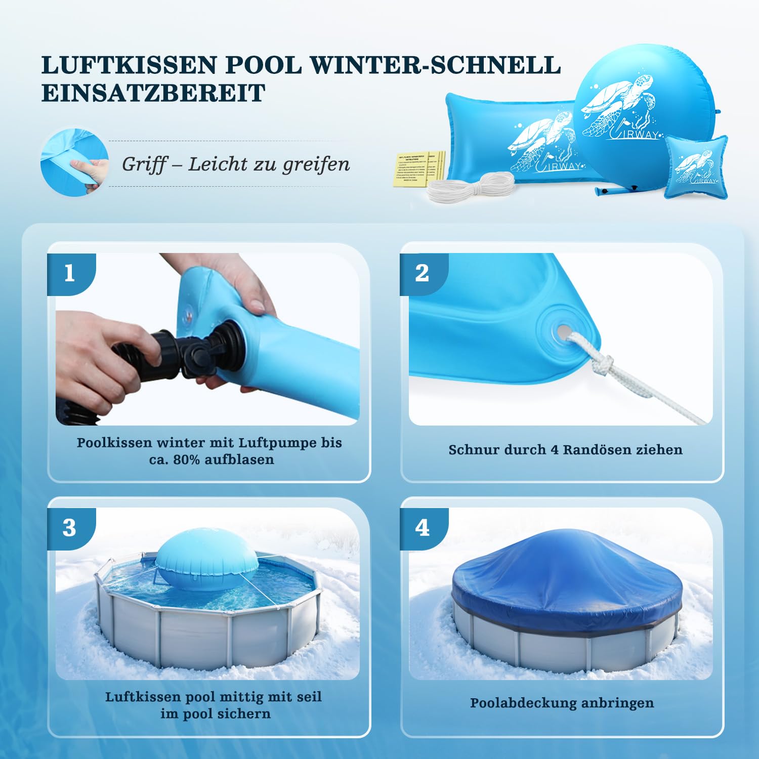 UIRWAY Poolkissen Winter XXL | Poolkissen Rund 4m mit Doppelnaht | Luftkissen Pool Winter inkl. Reparaturkit & Der Verlängerte LuftfüLlstutzen | Pool Kissen ÜBerwinterung | Winterkissen mit 15m Seil