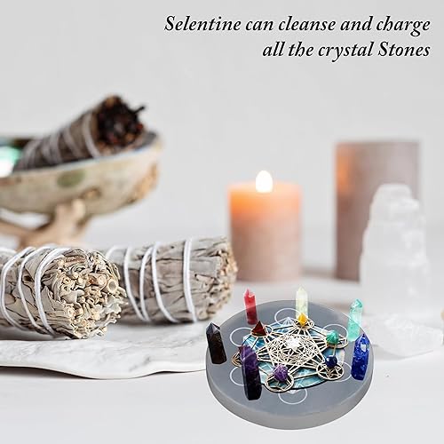 Miniatura 4 de Placa de carga de selenita con diseño de cubo de metatrón, cargador de cristal curativo grabado de 4 pulgadas  Posavasos redondo de disco para el