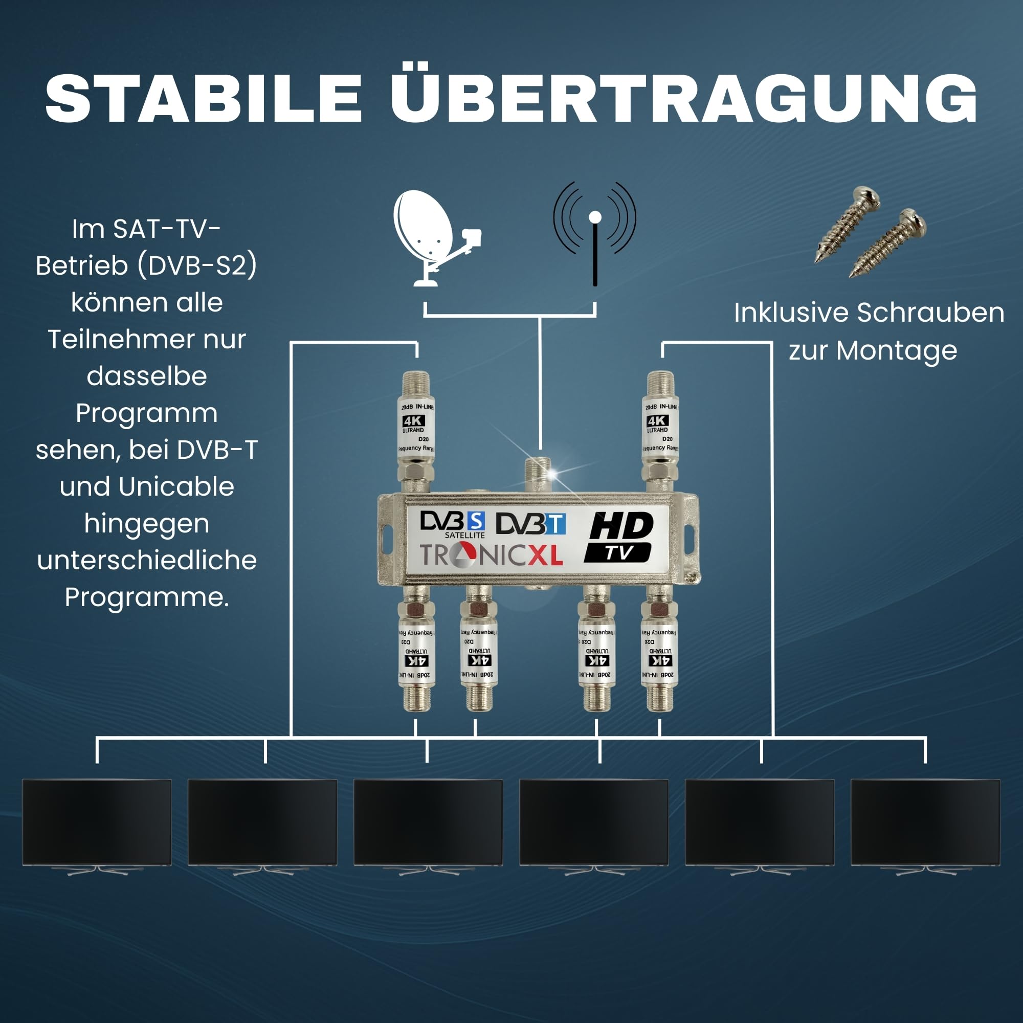 TronicXL Distribuidor de antena de 6 vías, 120 dB, suave, DVB-S2, DVB-T2, con amplificador de antena para amplificador de señal 3D 4K HDTV para una buena recepción