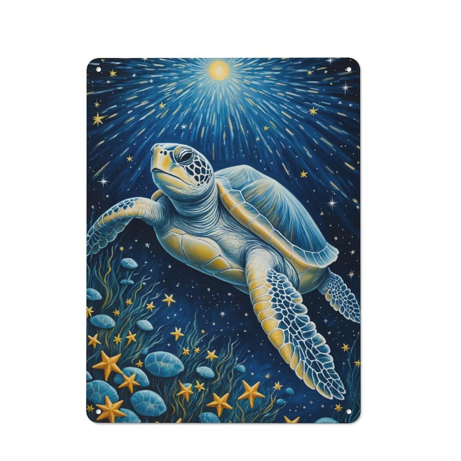 Junmoney Sea Turtle In Starry Night Distressed Look Decorative Tin Sign 40X30cm, Retro Room Decor For Lounge, Study, Pub Or Wall Gallery