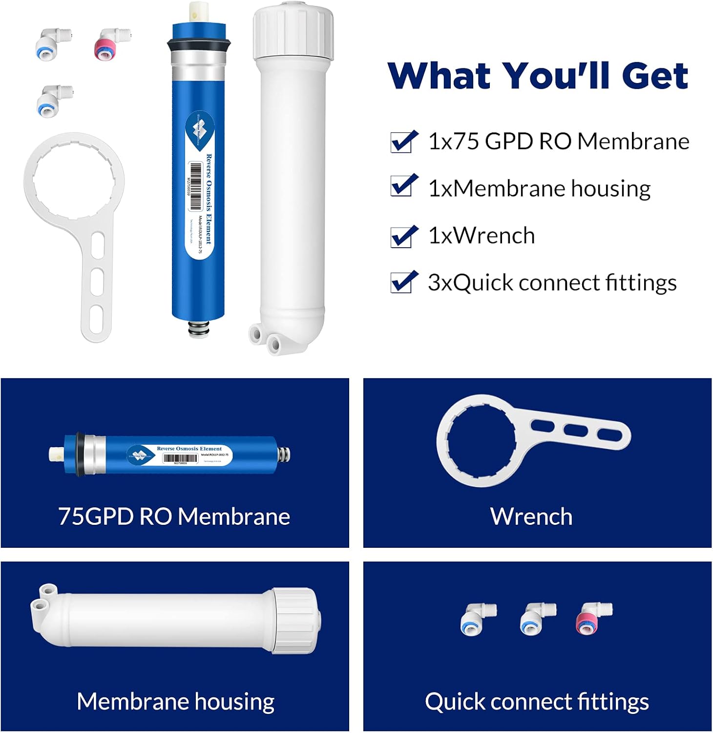 Membrane Solutions Post Inline Carbon Filters and 75 GPD Reverse Osmosis Membrane and 1812/2012 RO Housing with Wrench and Fittings