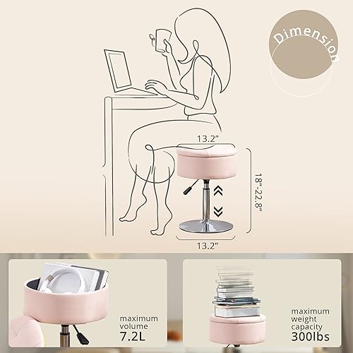Miniatura 2 de LUE BONA Taburete giratorio de 360° para sala de maquillaje, taburete de altura ajustable para tocador con almacenamiento, pequeño cuero sintético