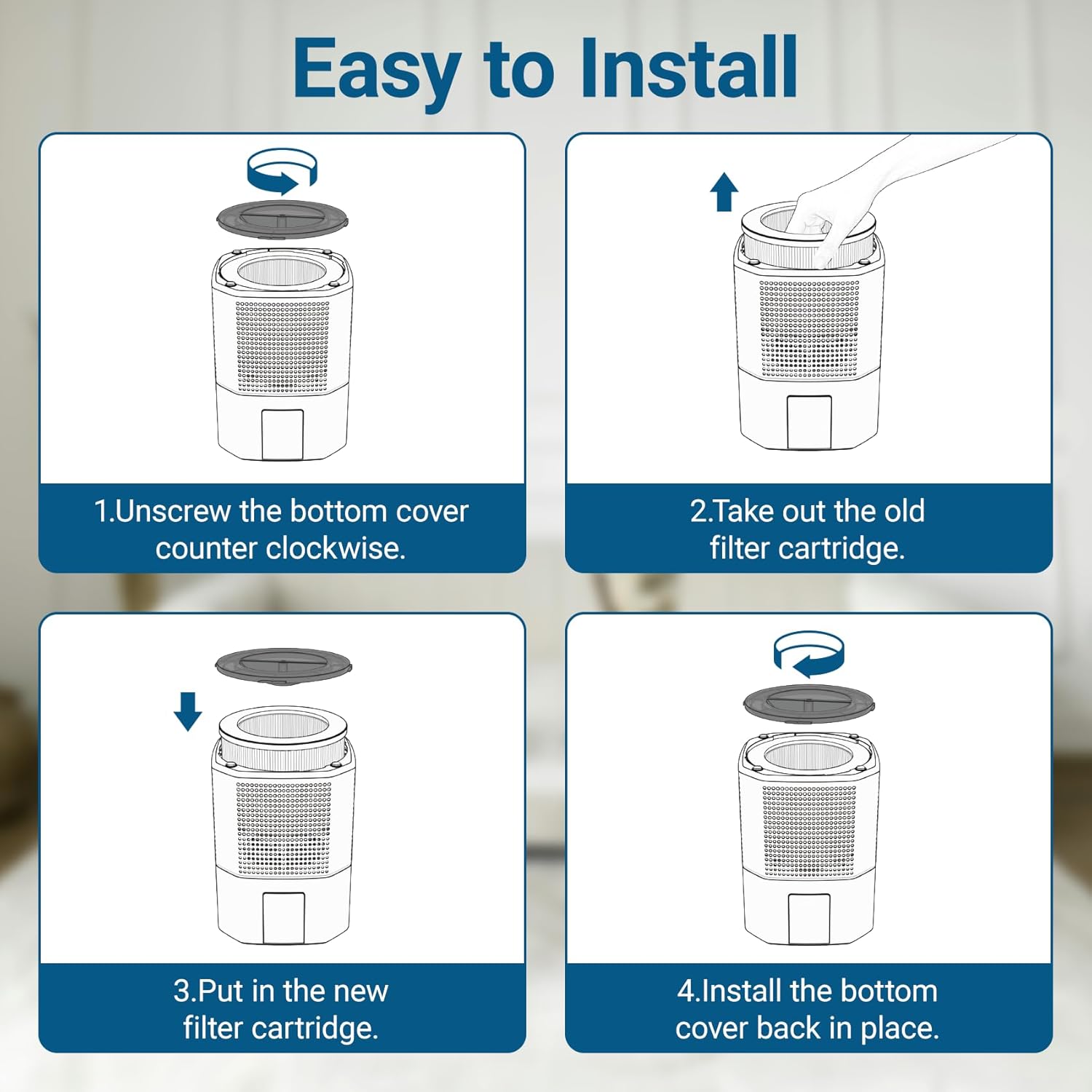 Four-panel diagram showing the steps to install the air filter: 1. Unscrew bottom cover, 2. Take out old filter, 3. Put in new filter, 4. Install bottom cover.
