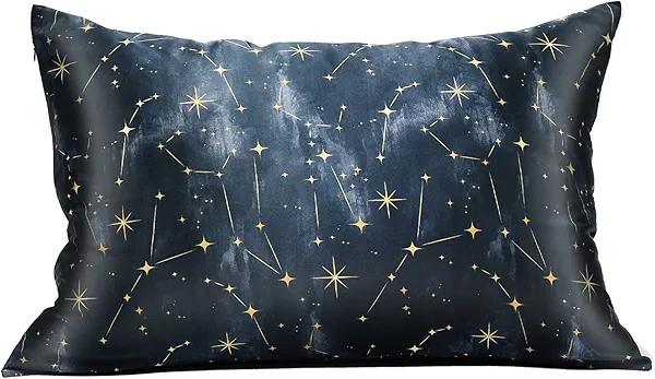 MANSPHIL King Stars Galaxy Silk Pillowcase with Hidden Zipper, Black Print, 22 Momme Mulberry Silk Pillow Cases for Hair and Skin, 20"x36"