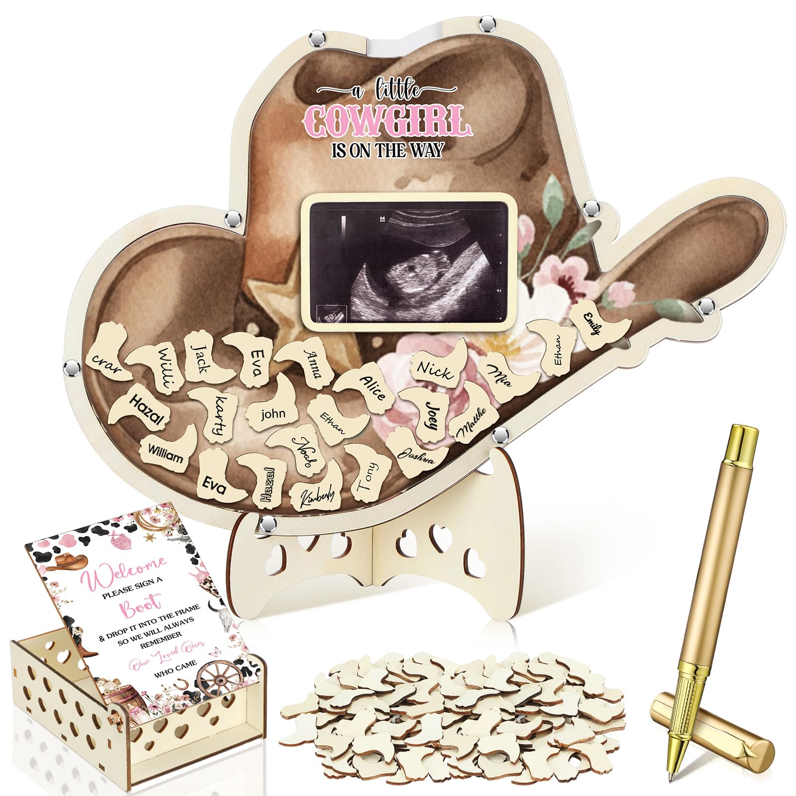 Wenqik 63 Pcs Cowgirl Baby Shower Guest Book,Pink and Brown