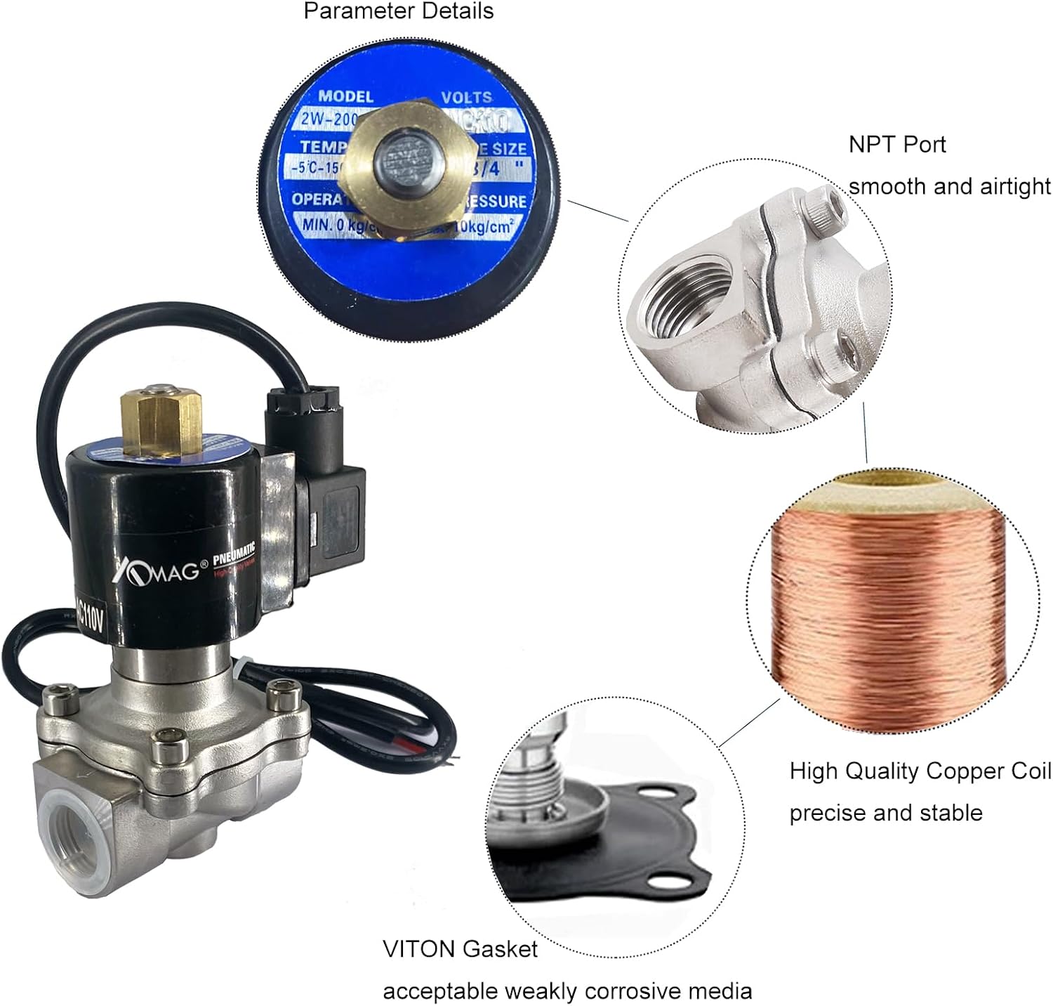 Normally Open Water Fountain Solenoid Valves, 3/4" NPT AC 110V Stainless Steel VITON Electric Underwater Solenoid Valve for Water, Air, Oil, Fuel