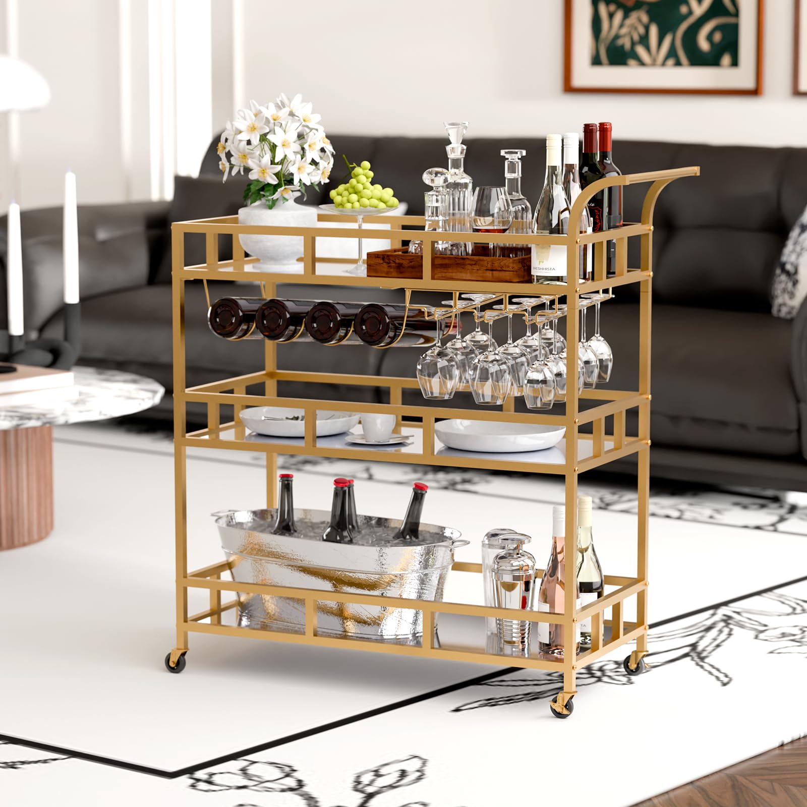 TONGMO Gold Barwagen mit 3 Ebenen Spiegelregalen, Home Bar Wagen mit Weinregal und Glashalter, perfekt für den Innen- und Außenbereich, stilvolle und funktionale Küche und Unterhaltungsraum Ergänzung