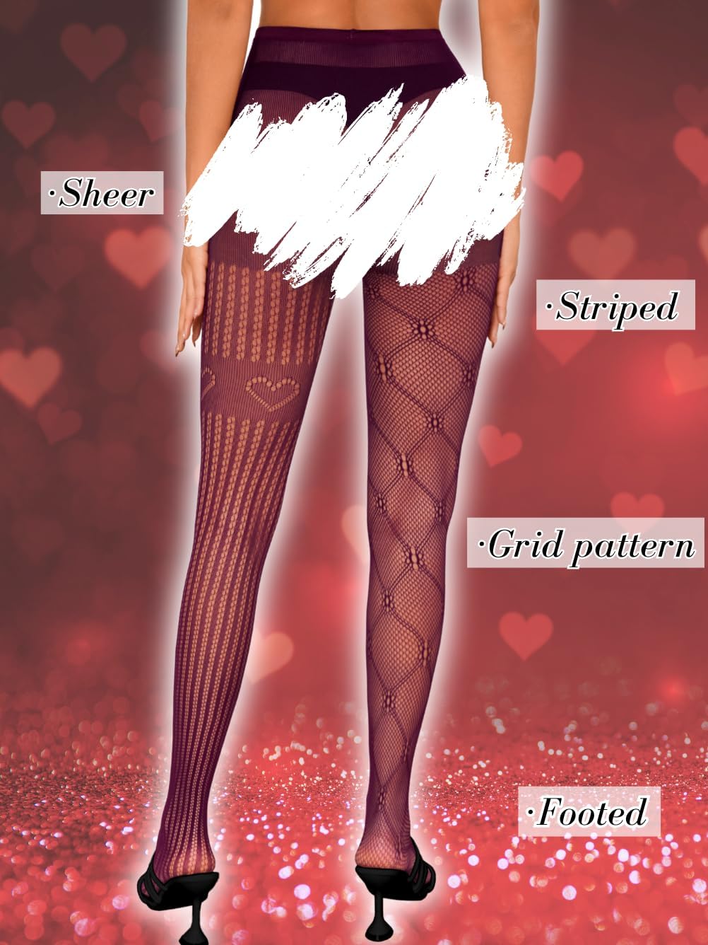 Patterned Tights For Women,Striped Pantyhose With Hearts,Fishnet Stockings Costume Party Festival - Image 3