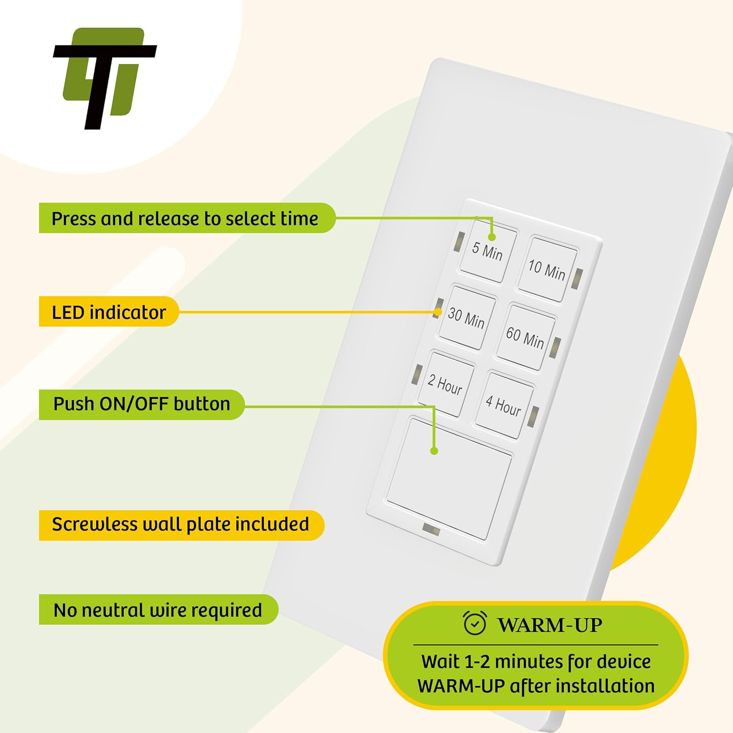 TG 4 Hour No Neutral Wire Countdown Timer Switch, 5-10-30-60 Min, 2-4 Hour, for Bathroom Fans, Heaters, Lights, LED Indicator, 120VAC 800W, UL Listed, Screwless Wall Plate, 2 Pack