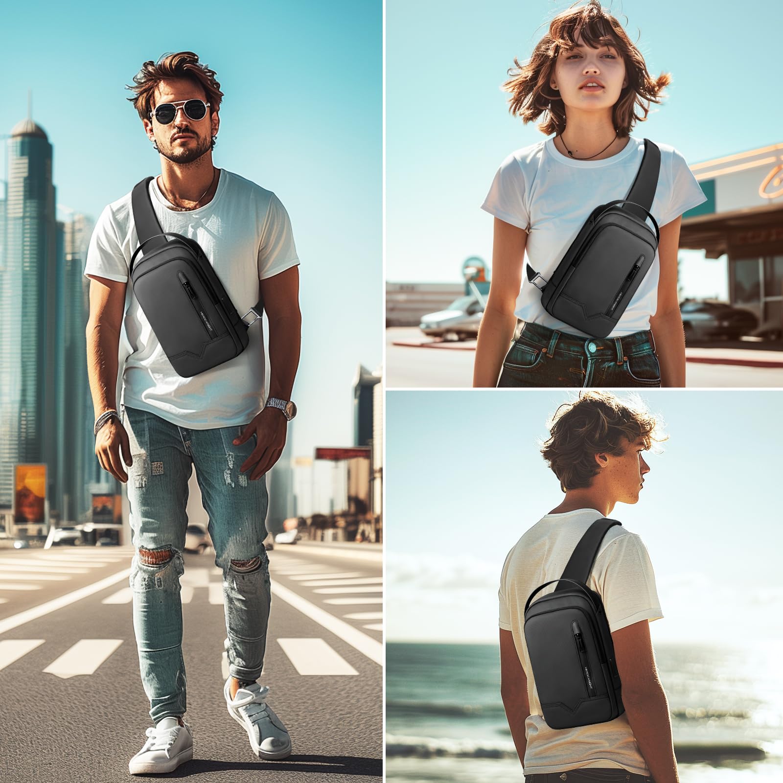 hk Umhängetasche Herren, Wasserdicht Schultertasche 11,3 Zoll iPad Brusttasche Crossbody Bag mit USB-Ladeanschluss, Rucksack Klein Sling Bag Herren für Arbeit Reisen Radfahren Wandern-Schwarz