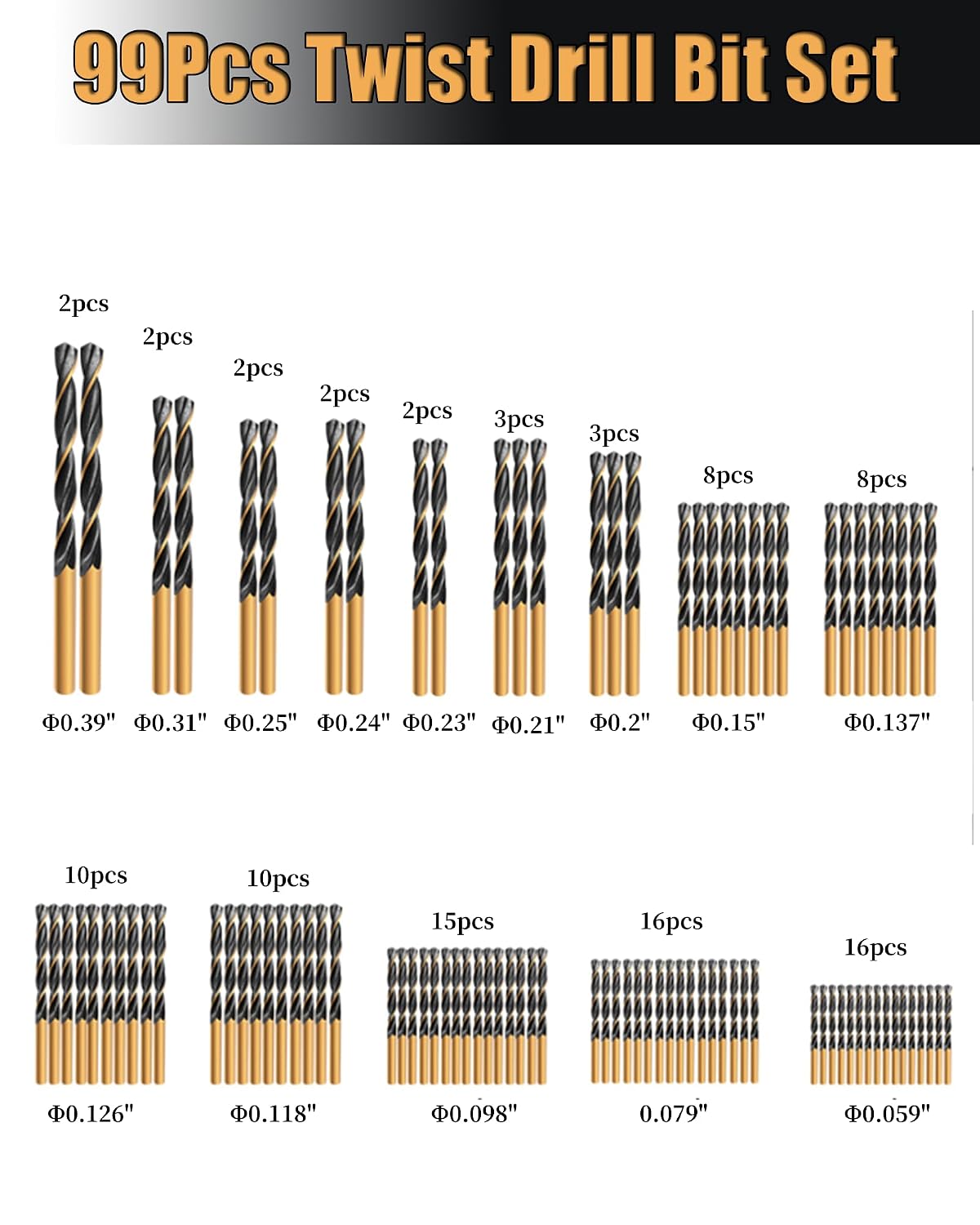 Titanium Twist Drill Bits Cobalt Enhanced Drilling Tool Set | 99pcs HSS drill bits 1 16 to 3 8 inch 118 split point for wood cast iron aluminum plastic fiberglass drilling