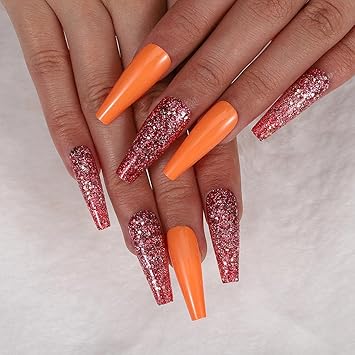 Amazon Com Aksod Glossy Gradient White Extra Long Press On Nails Square Coffin Fake Nails Christmas Glitter Sequins Art Acrylic False Nails Tips Ballerina Nails For Women And Girls Orange Beauty