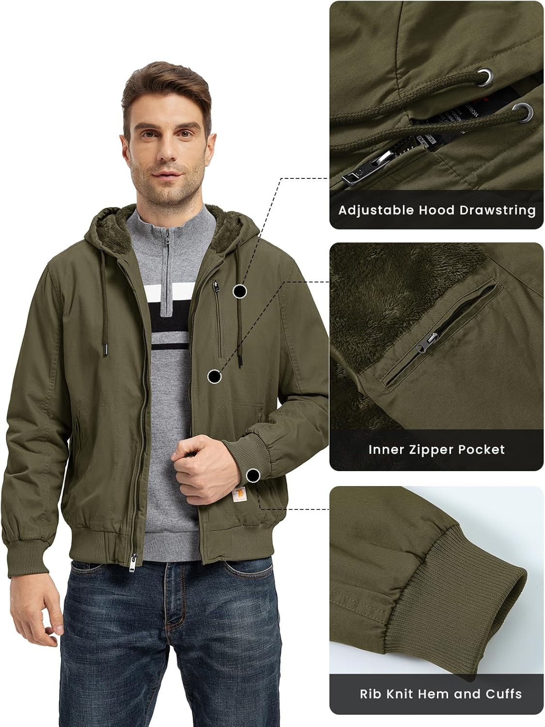 BGOWATU Men's Cotton Work Jacket Insulated Flannel Lined Full Zip Hoodies Active Winter Coat with Utility Pockets - Image 5