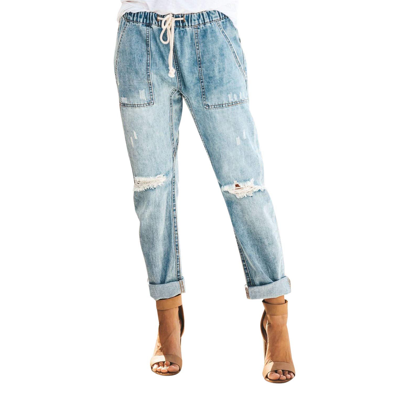 Women Wash Distressed Denim Joggers Drawstring Elastic Waist Ripped Loose Jeans Pants