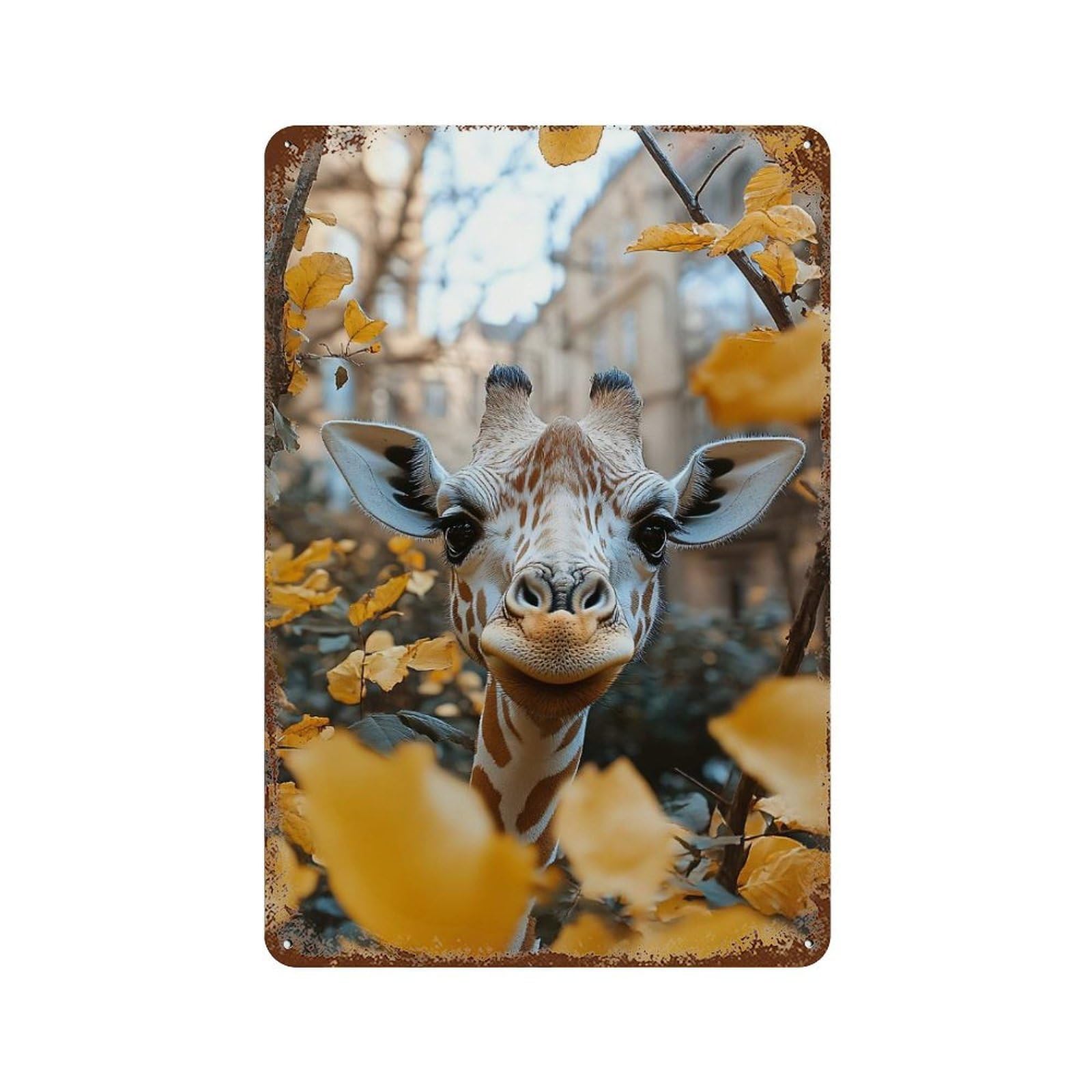 Giraffe Portrait with Autumn Leaves Rusty Metal Tin Sign 11.8"x7.9", for Pub, Kitchen And Man Cave Decor, Novelty Wall Decor