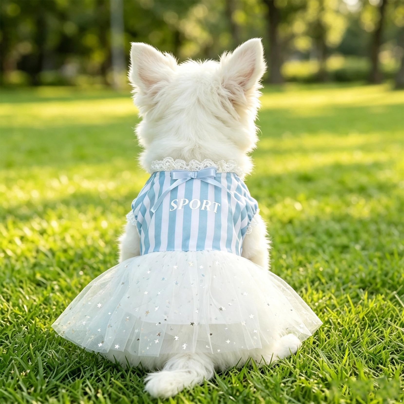 Yartina Vestito per cani di piccola taglia, in tulle, a righe, con stelle, blu, taglia S