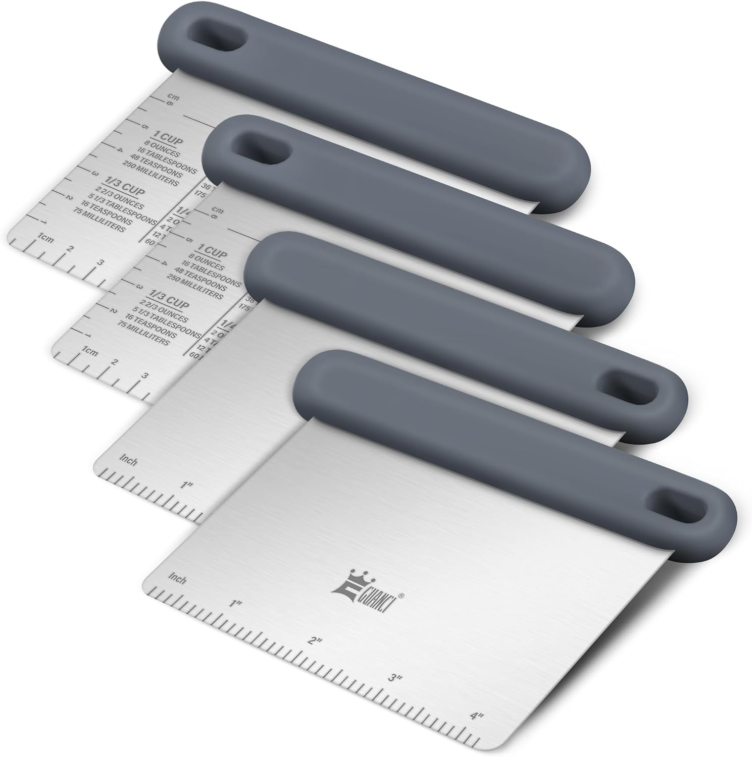 Dough Scraper Set of 4, Stainless Steel & Platinum Silicone Grip, 5"x3.78"