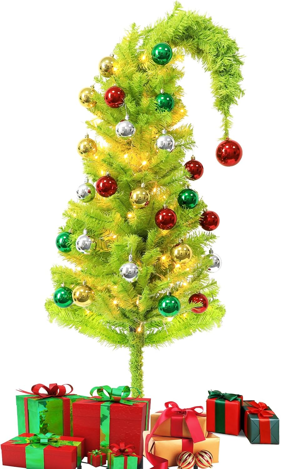 6FT 43PCS Large Artificial Christmas Tree Xmas Holiday Whimsical Pre-Lit Christmas Tree for Indoor & Outdoor Christmas Party Decor with 100 LED String Lights & 41 Balls for Home Office Bendable