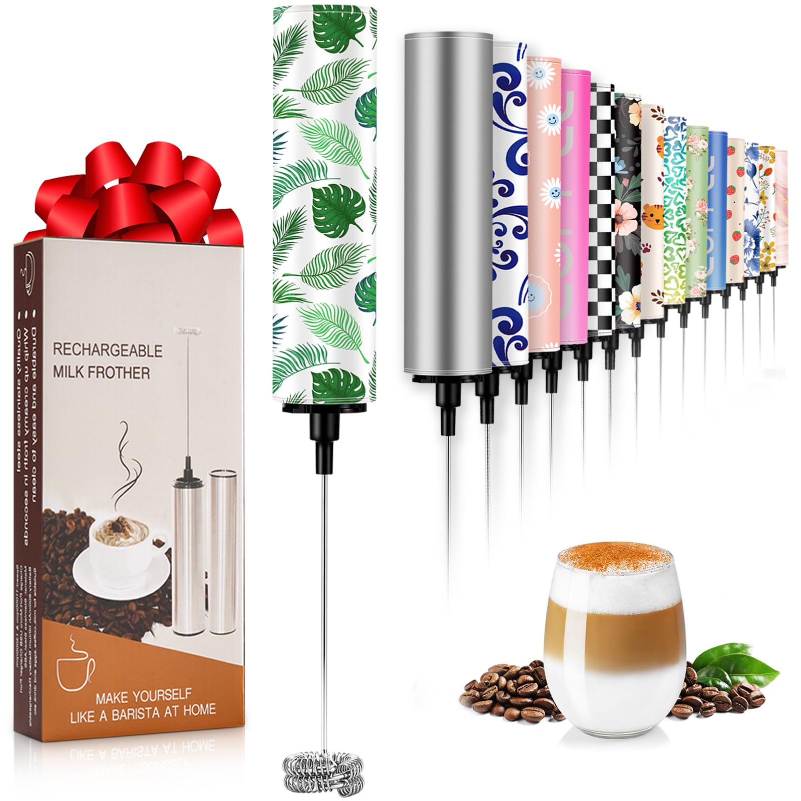 Milk Frother Handheld Rechargeable - 2-Speed Electric Whisk with 5 Detachable Heads (Frother/Mixer/Whisk) for Coffee, Latte, Cappuccino &amp; Matcha, Drink Mixer (Flower 12)