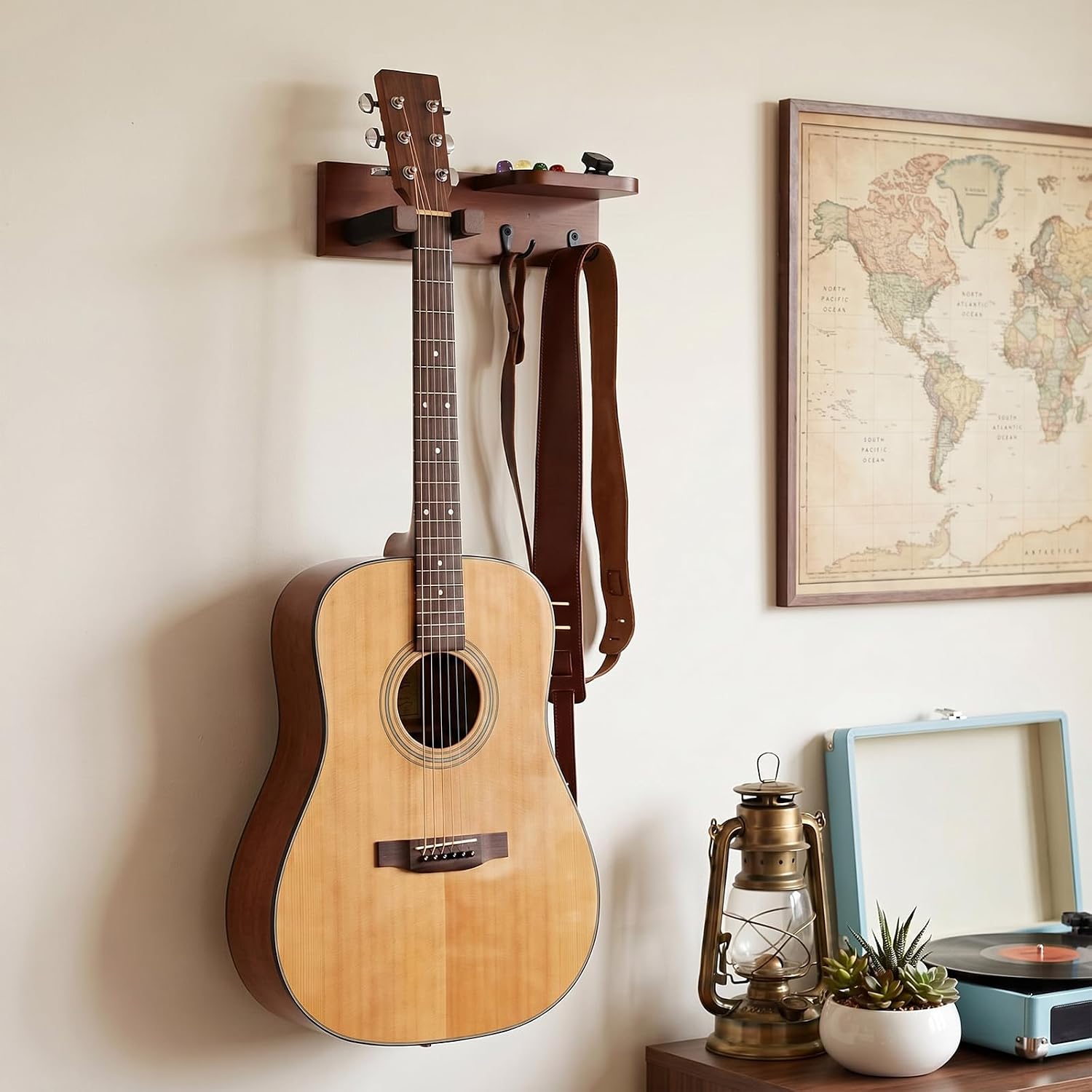 Mifoci Wall Mount Guitar Hanger Shelf with Pick Holder and 2 Hooks, Wood Ukulele Wall Hangers for Acoustic, Electric, Bass, Mandolin Gifts for Guitar Lover Player