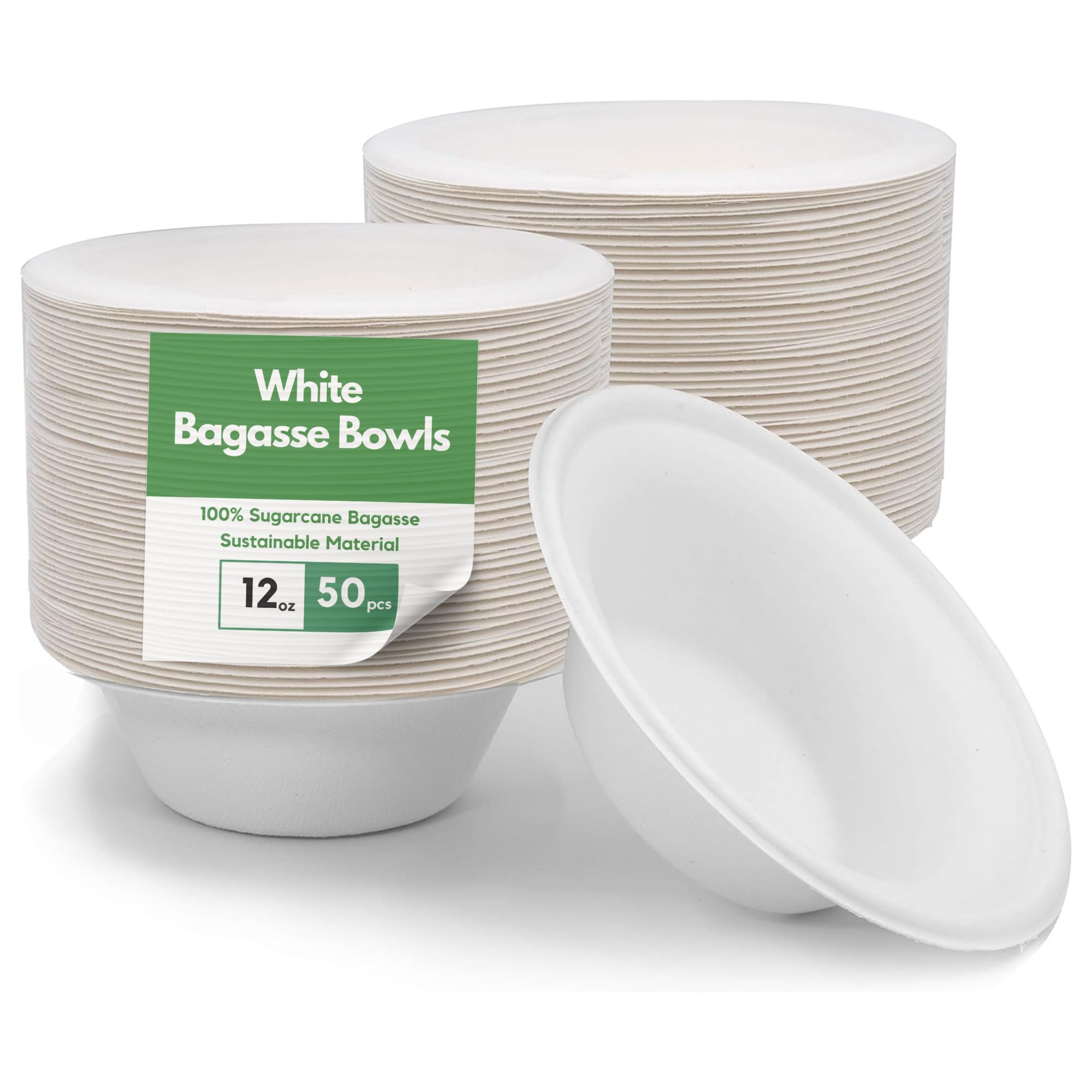 Caterco White Bagasse Sugarcane 12Oz / 340Ml Bowls - Strong, Disposable, Biodegradable, Compostable Eco-Friendly Paper Bowl For Soup, Salad, Dessert, Party, Bbq - 12Oz Bowls - 50 Pack