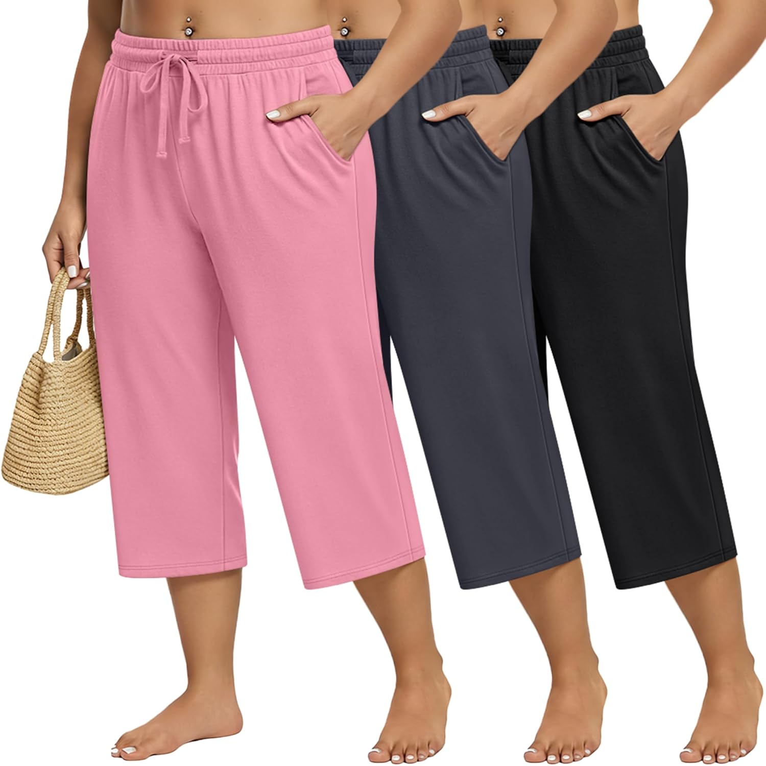 Huukeay 3 Pack Women's Plus Size Capris Wide Leg Yoga Capri Sweatpants Drawstring Loose Fit Summer Cropped Pants with Pockets