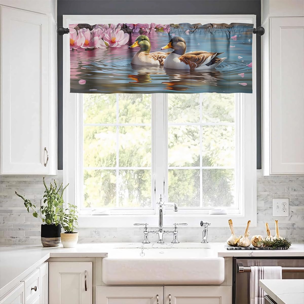 Mallard Duck 3 Piece Window Curtain Set Spring Nature Reed Field Pond Tulips Wild Ducks Rod Pocket Short Tier Curtain Small Cafe Drapes for Kitchen Decor