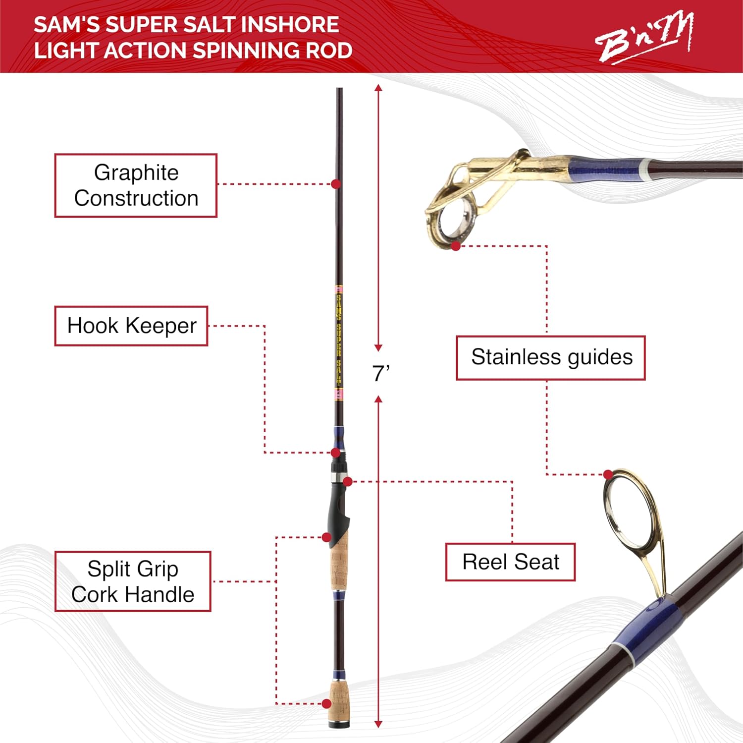 B'n'M Poles - Sam's Super Salt Inshore Light Action Spinning Rod, 7 Foot (2 Sections)