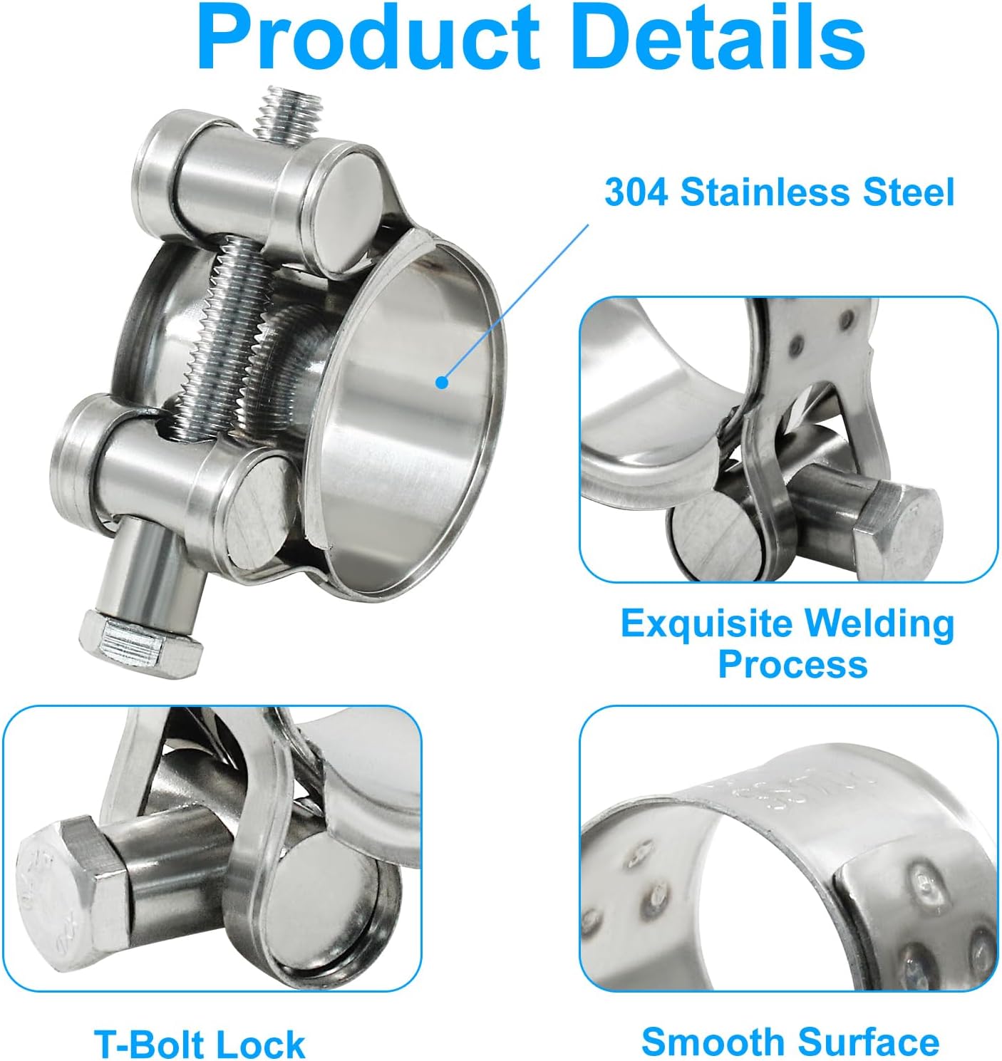 6 Pcs T Bolt Hose Clamp, 29-31mm 304 Stainless Steel Adjustable Tube Clamps, Heavy Duty Turbo Pipe Clamps with Socket Wrench for Industrial, Automotive