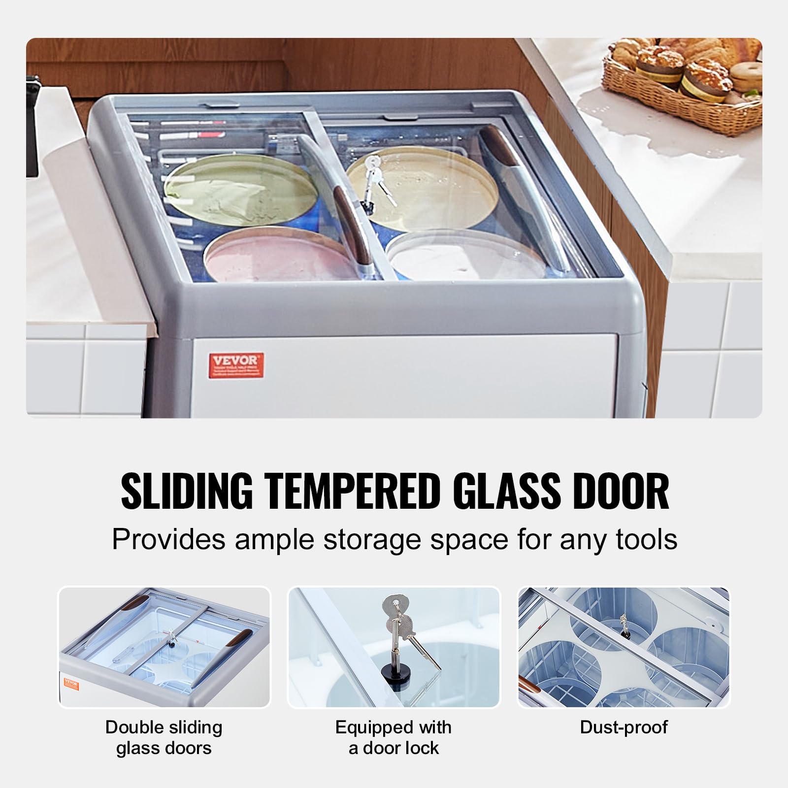 VEVOR Vetrina per Gelato Commerciale 665 x 715 x 890 mm Congelatore Mobile 158 L Vetrina per Gelateria con Piano Vetro, 4 Grandi Contenitori, 2 Porte Scorrevoli in Vetro, Ruote di Bloccaggio, Bianco