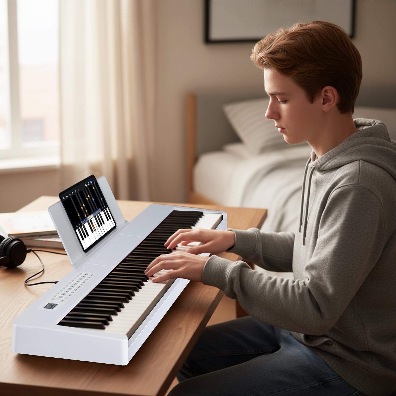 KOMFOTTEU Pianoforte digitale a 88 tasti, tastiera per pianoforte con 380 suoni, 128 ritmi, 88 demo, MIDI, pedale, pianoforte elettrico portatile con supporto per musica, borsa da trasporto (bianco)