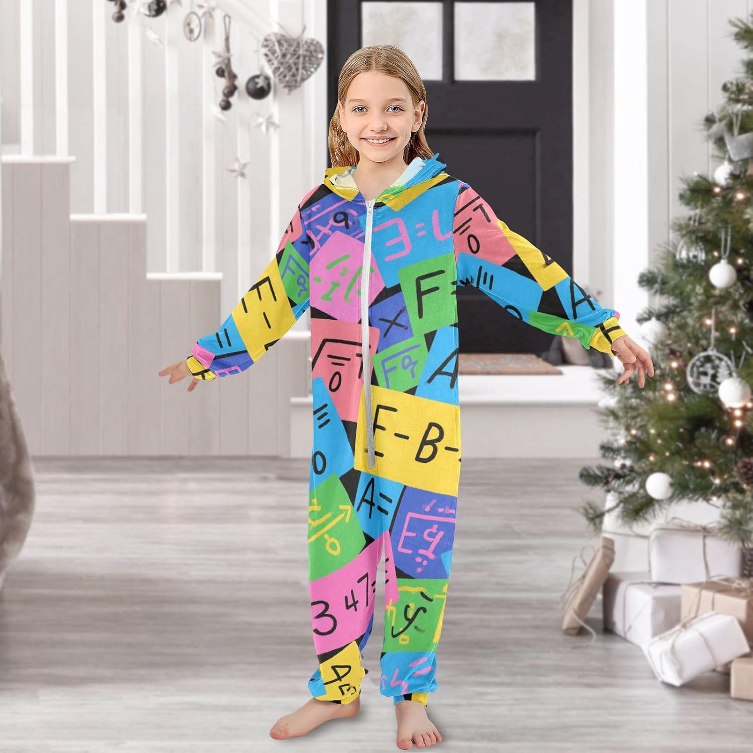 Unisex Onesie Pajamas Soft Warm Hooded One-Piecing Loungewear Sleepwear for Christmas Home 4-14Y