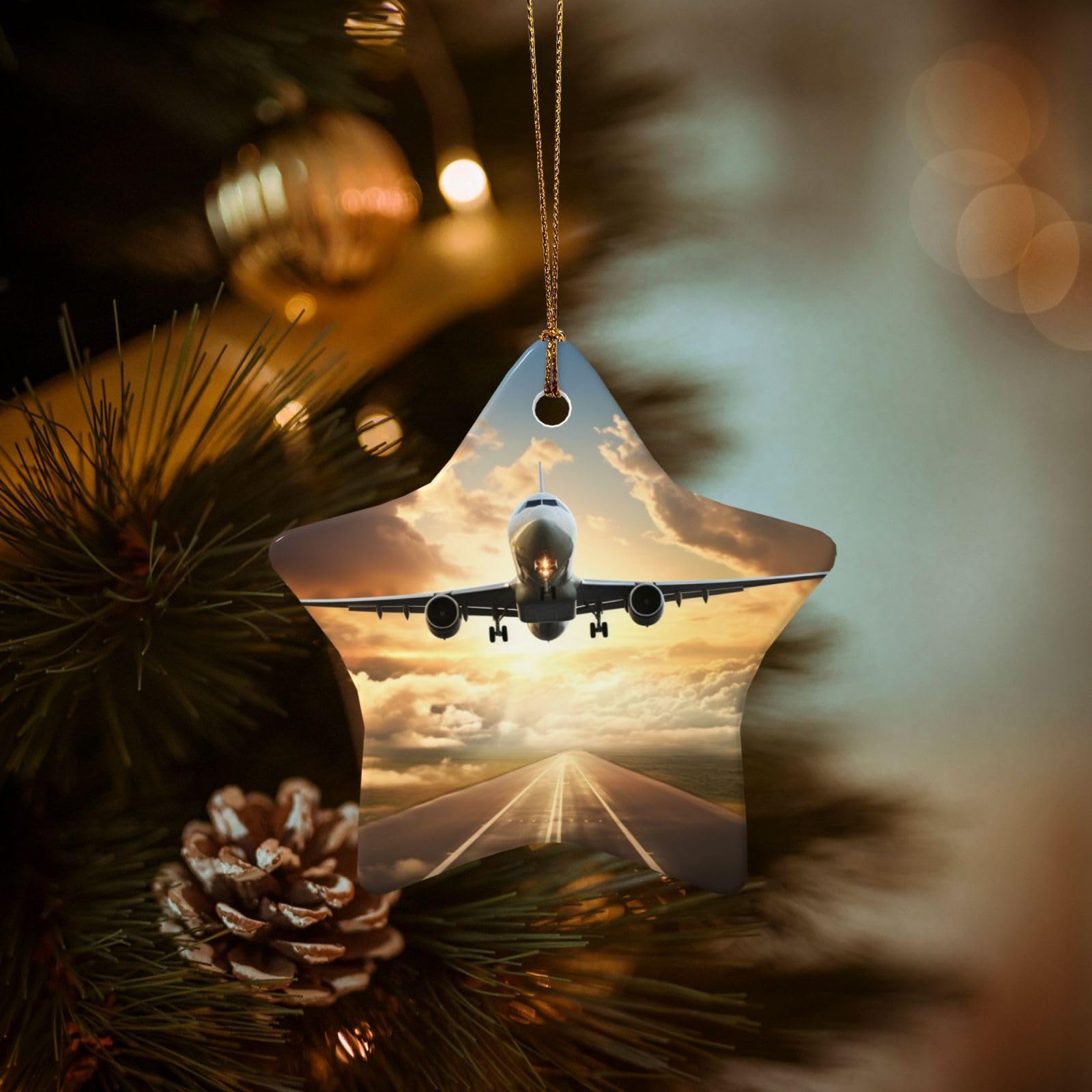 Christmas Ornaments for Christmas Tree Decoration Hanging Airplane Ornament with Gold Ribbon Crafts Star Shape Ceramic Pendant for Keepsake Gifts Xmas Decor Party Supplies