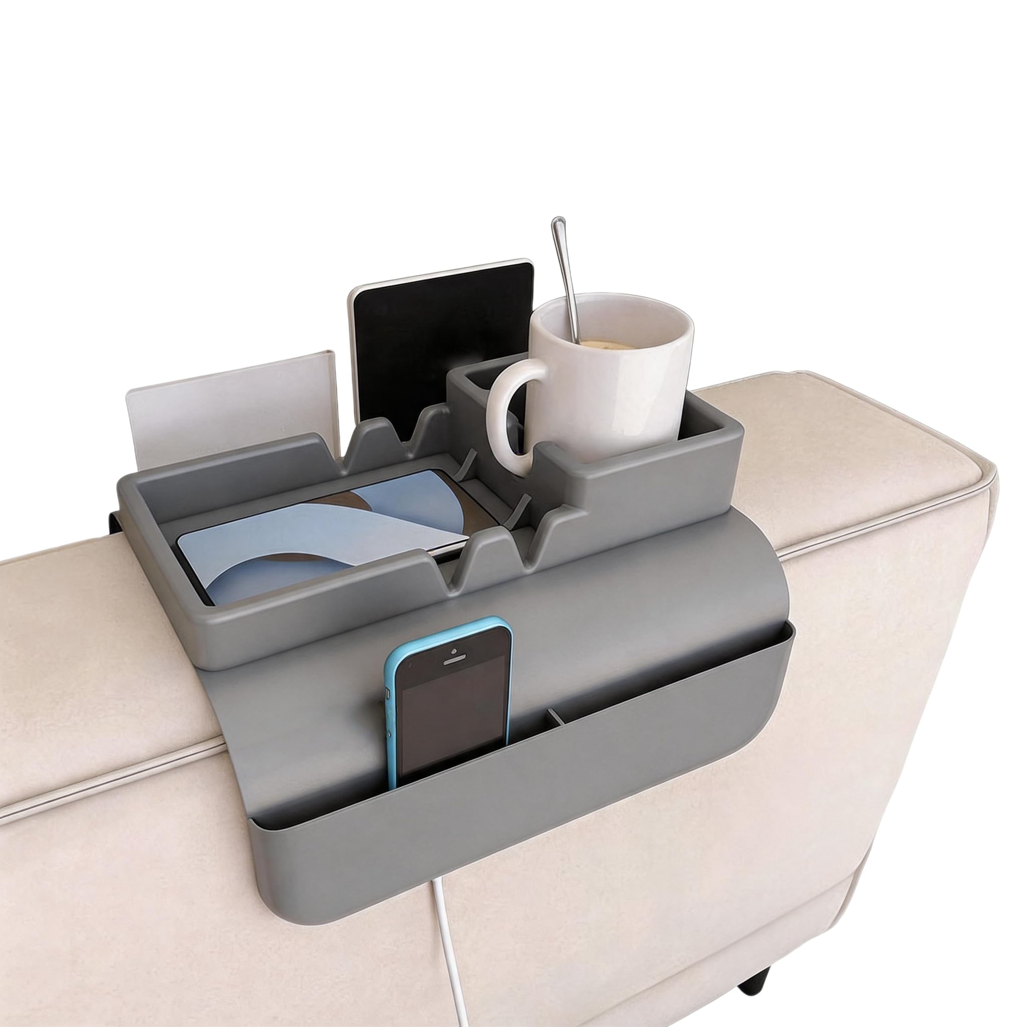 HapSmile Sofa Arm Tray, Silicone Arm Chair Table Tray Anti-Slip with Dual Side Pockets, Sofa Caddy with Phone Holder for Cup, Phone, Tablet, Remote Control Snack Grey โ image 1